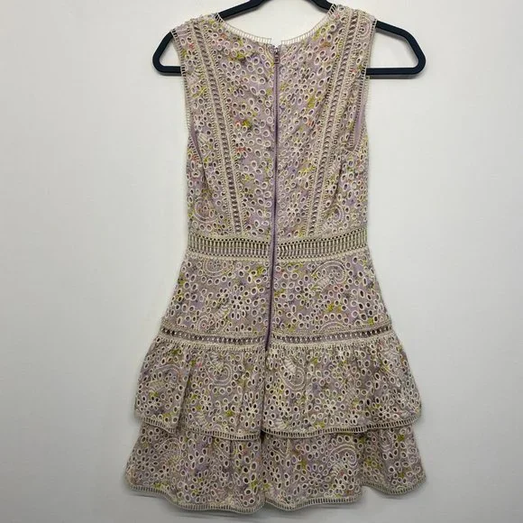 Alice + Olivia Tonie Tiered Floral Mini Dress Purple Women's 0 Eyelet Lace - Picture 9 of 13